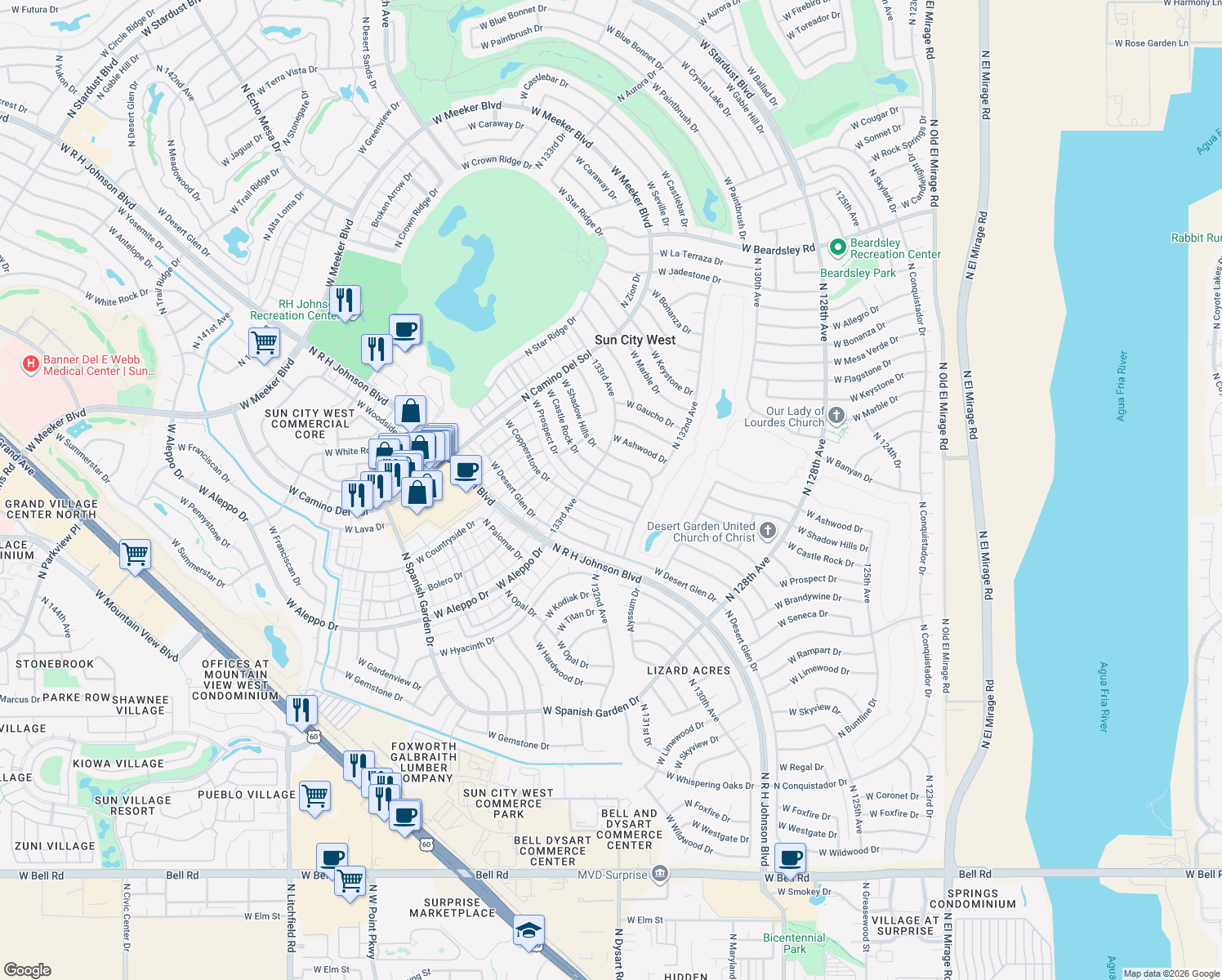 map of restaurants, bars, coffee shops, grocery stores, and more near 13230 West Prospect Drive in Sun City West