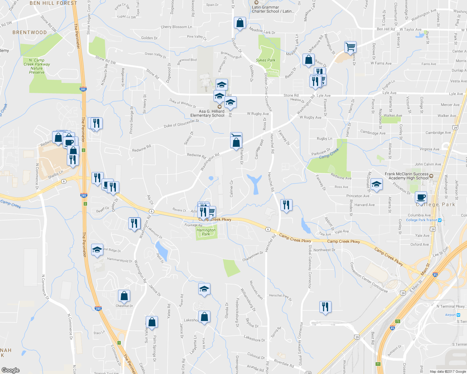 map of restaurants, bars, coffee shops, grocery stores, and more near 3666 Calmer Circle in East Point