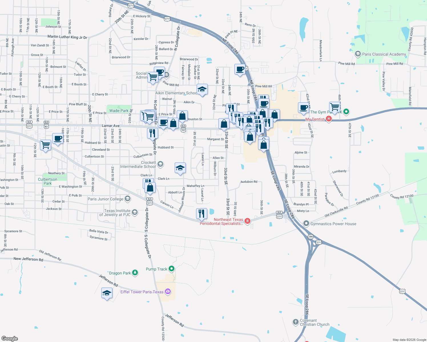map of restaurants, bars, coffee shops, grocery stores, and more near 610 Wilburn Drive in Paris