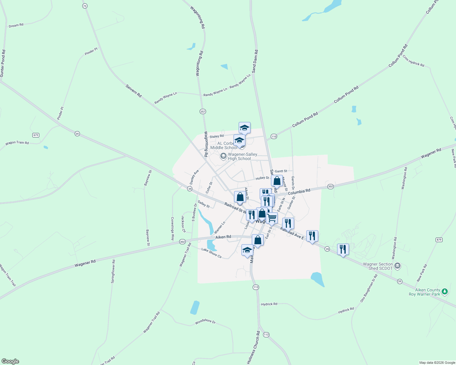 map of restaurants, bars, coffee shops, grocery stores, and more near 256 Seivern Rd in Wagener