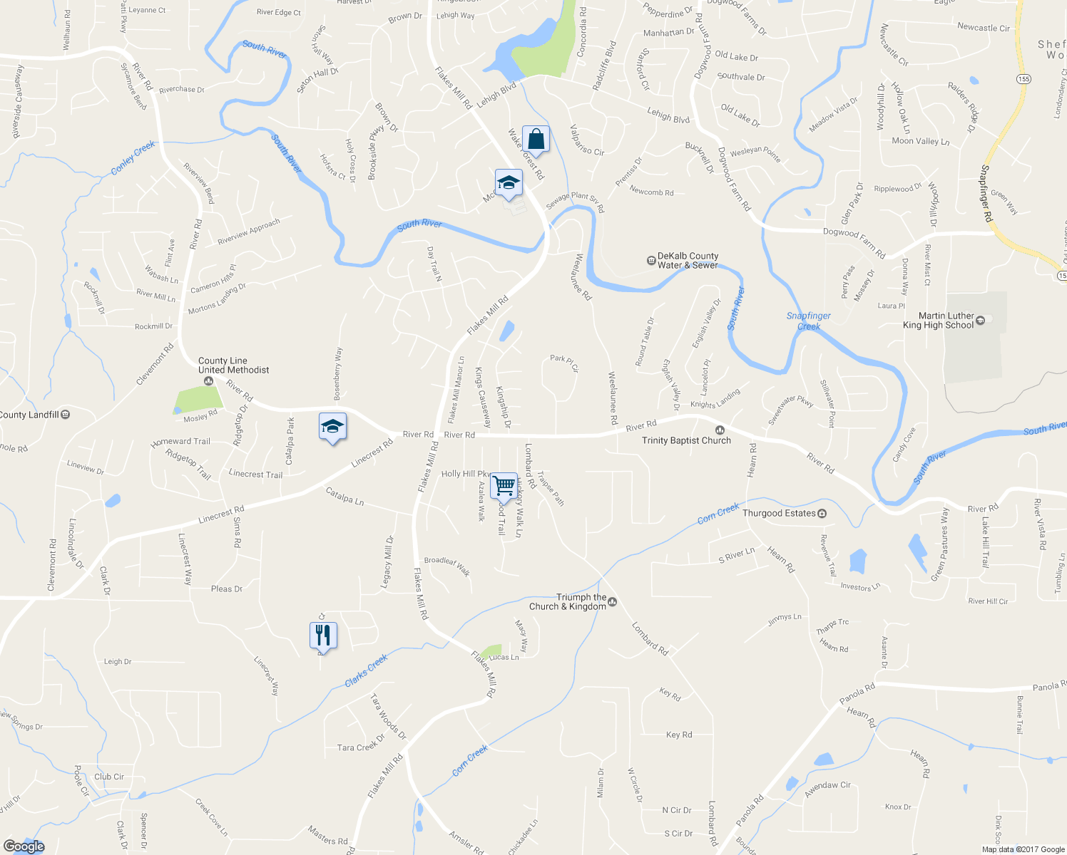 map of restaurants, bars, coffee shops, grocery stores, and more near 4554 River Road in Ellenwood