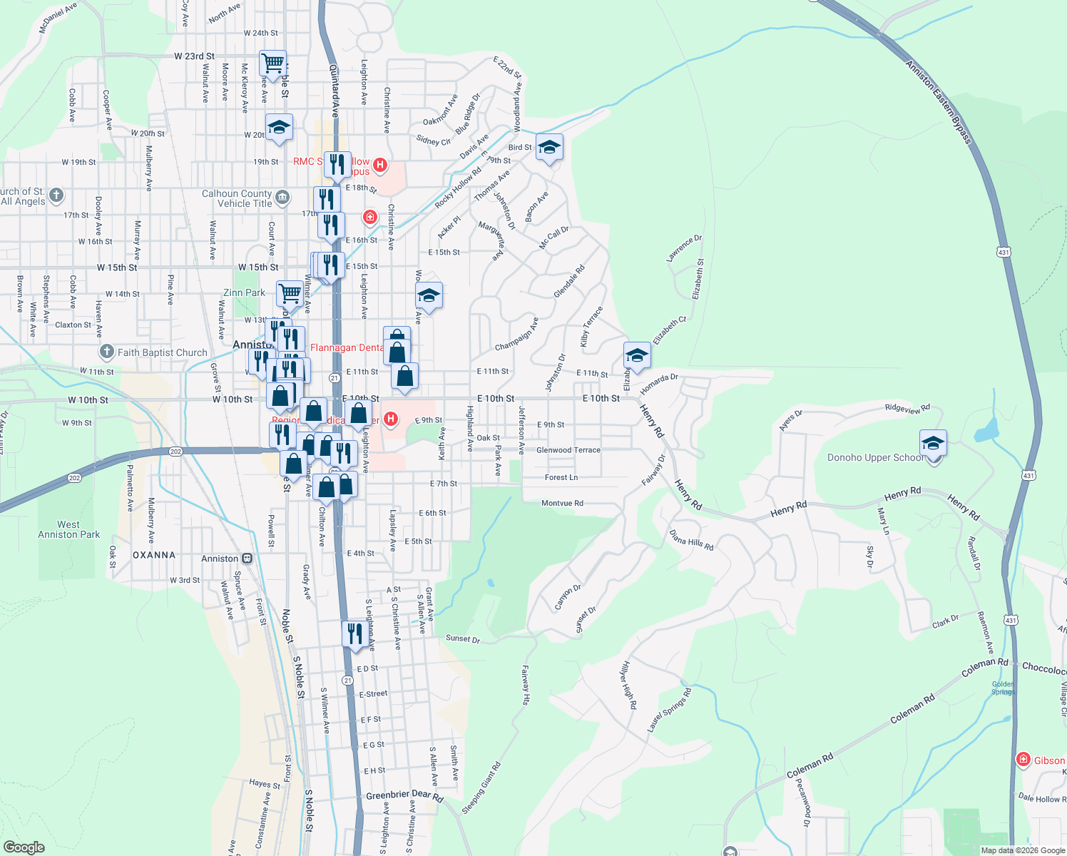 map of restaurants, bars, coffee shops, grocery stores, and more near 1114 East 9th Street in Anniston