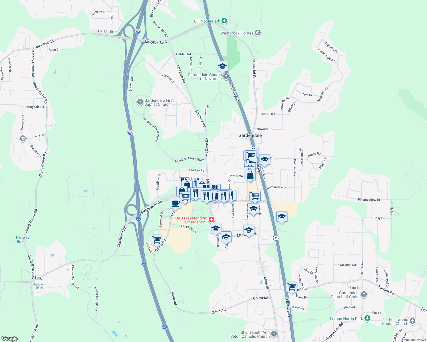 map of restaurants, bars, coffee shops, grocery stores, and more near 1201 Mount Olive Road in Gardendale
