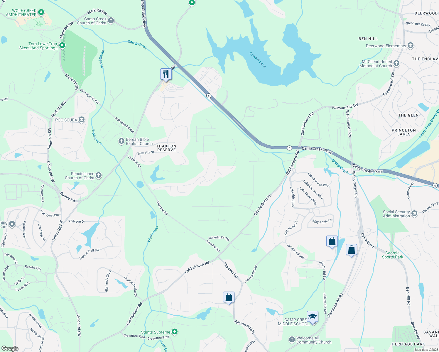map of restaurants, bars, coffee shops, grocery stores, and more near 3728 Wartrace Drive in Atlanta
