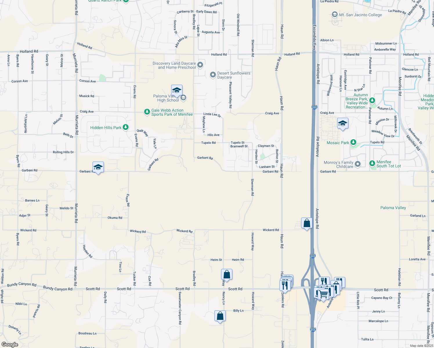 map of restaurants, bars, coffee shops, grocery stores, and more near 30165 Bristol Lane in Menifee