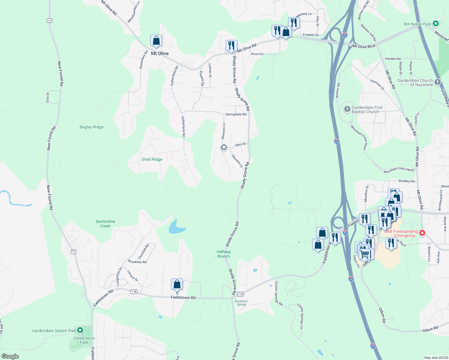 map of restaurants, bars, coffee shops, grocery stores, and more near 5190 Memory Lane in Mount Olive