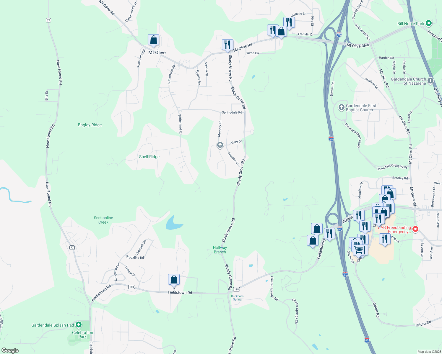 map of restaurants, bars, coffee shops, grocery stores, and more near 5190 Memory Lane in Mount Olive