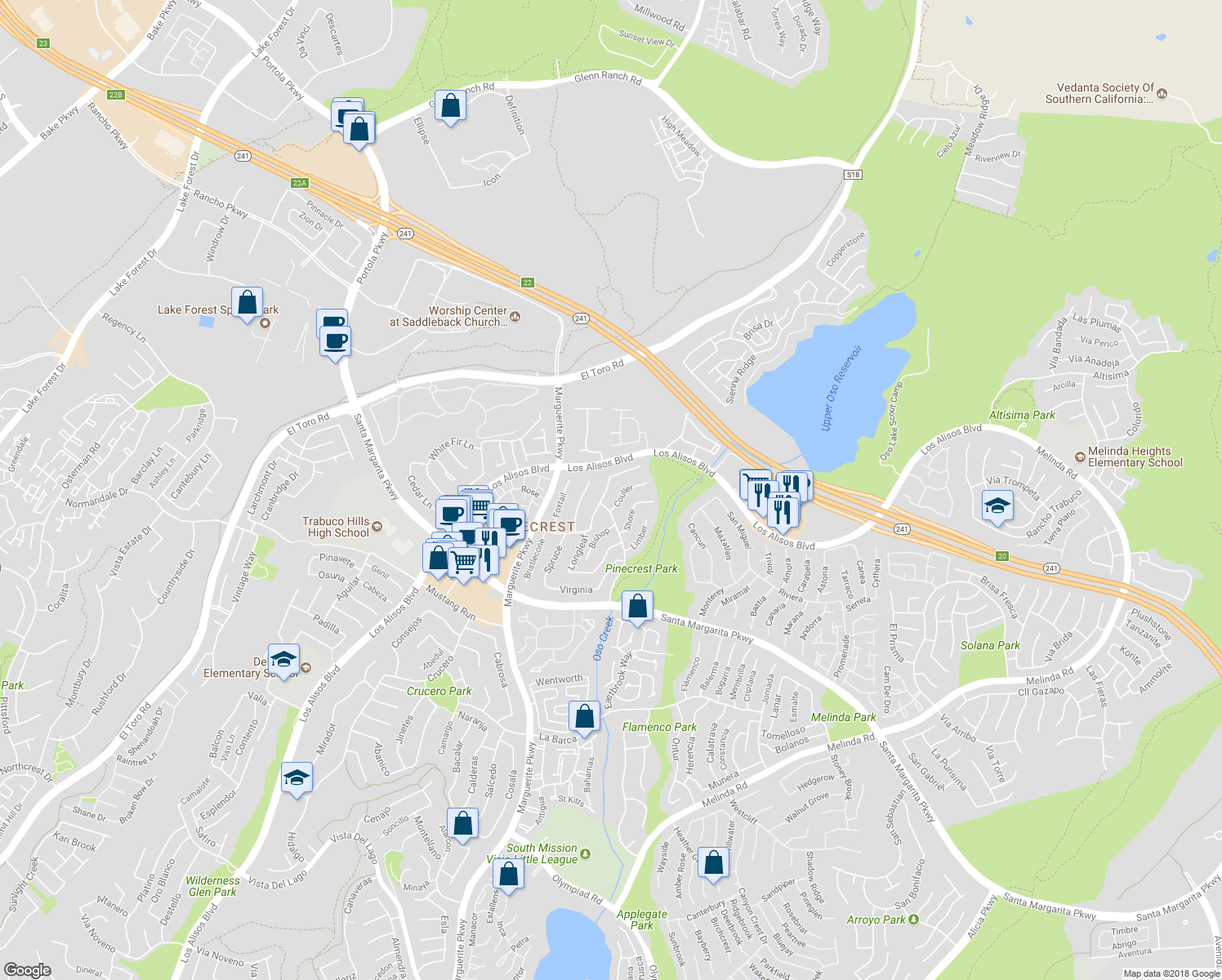 map of restaurants, bars, coffee shops, grocery stores, and more near 21096 Ponderosa in Mission Viejo