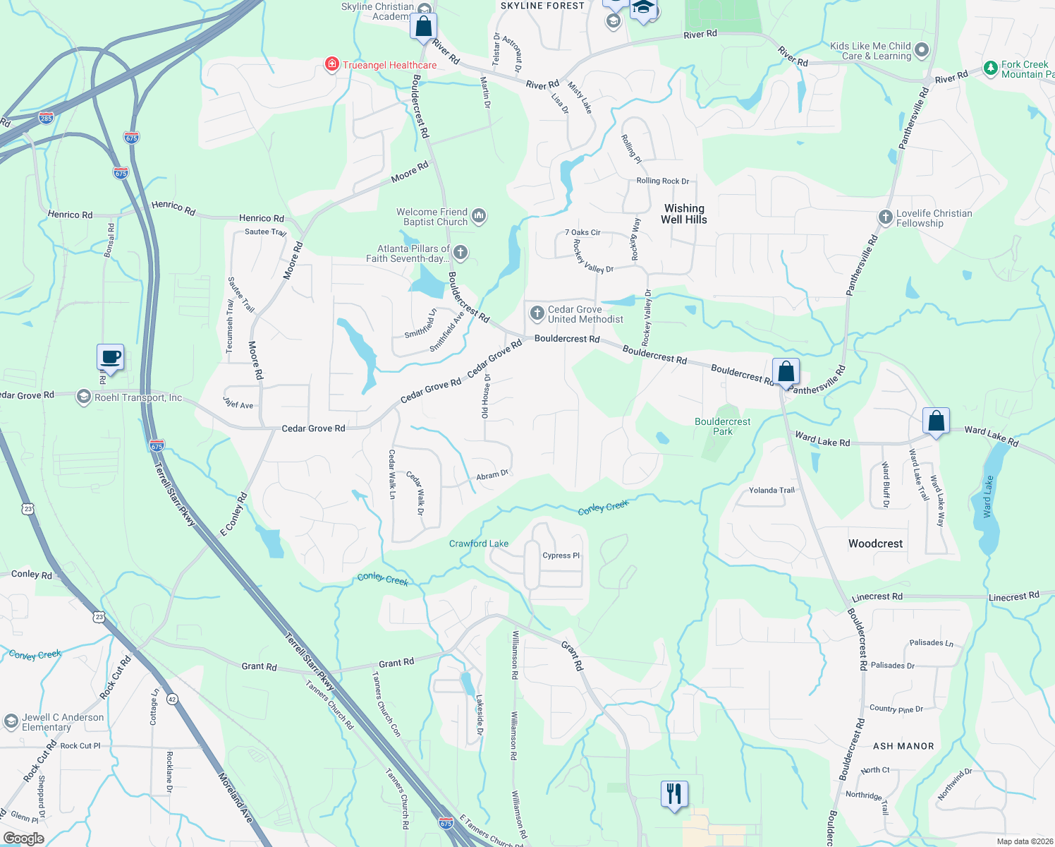 map of restaurants, bars, coffee shops, grocery stores, and more near 2160 Cedar Valley Way in Conley