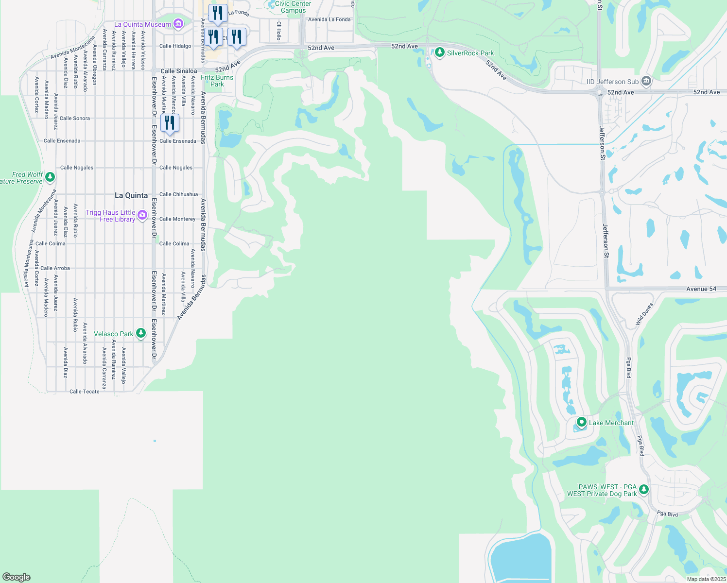 map of restaurants, bars, coffee shops, grocery stores, and more near in La Quinta