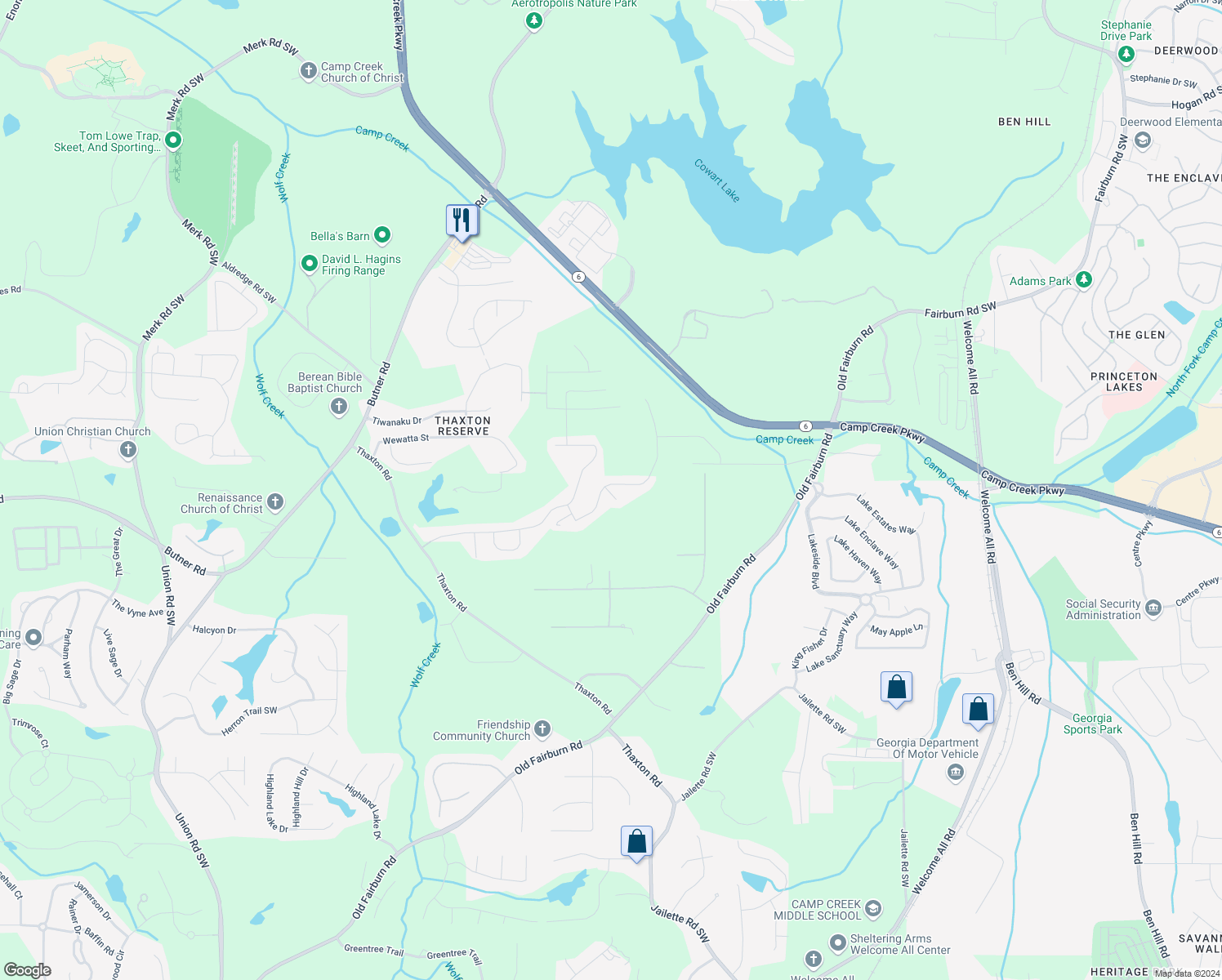 map of restaurants, bars, coffee shops, grocery stores, and more near 3719 Wartrace Drive in Atlanta