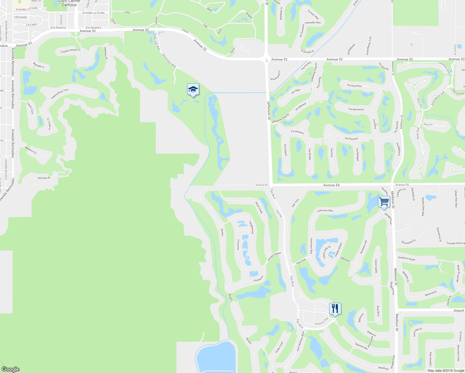 map of restaurants, bars, coffee shops, grocery stores, and more near 54006 Riviera in La Quinta