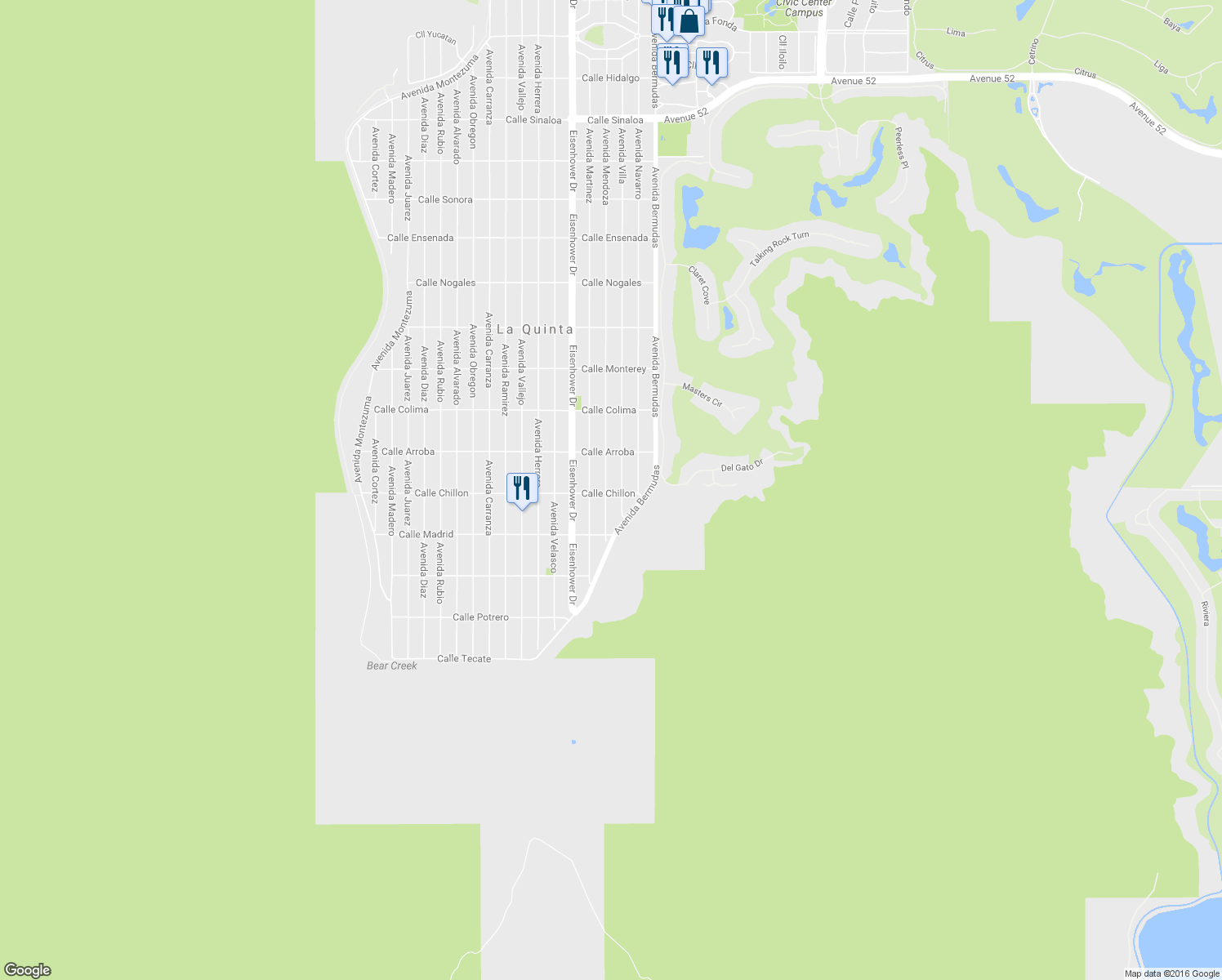 map of restaurants, bars, coffee shops, grocery stores, and more near 53980 Avenida Mendoza in La Quinta