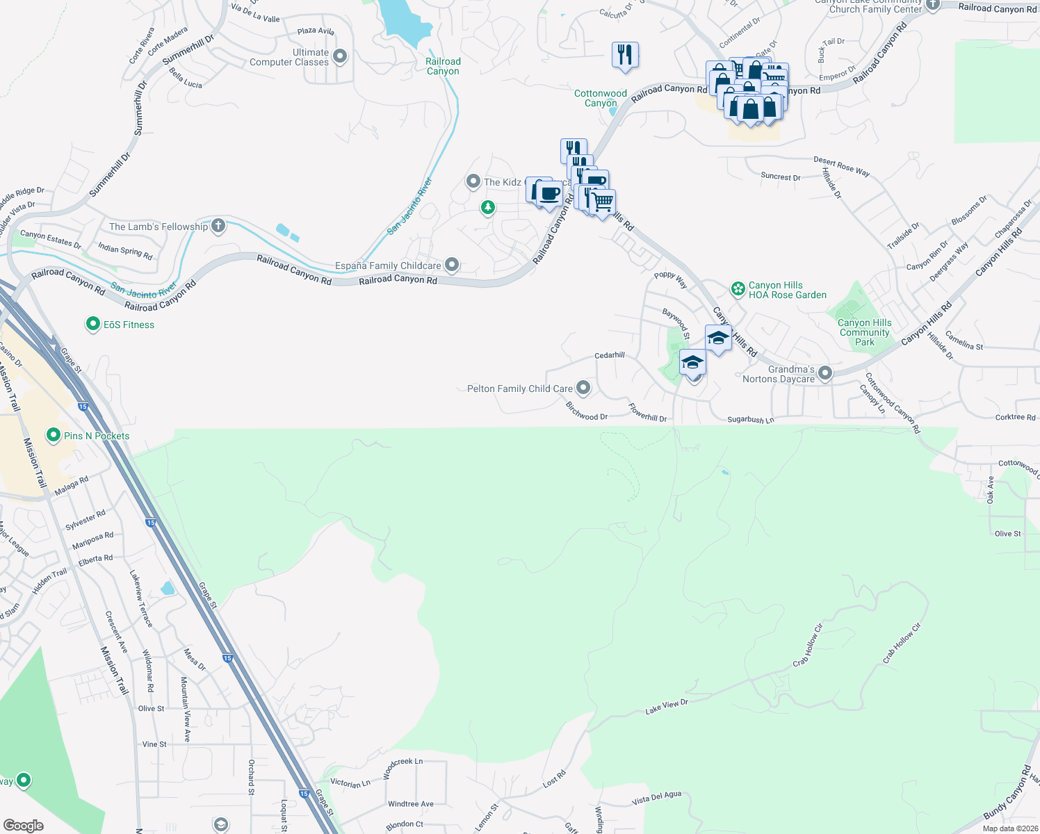 map of restaurants, bars, coffee shops, grocery stores, and more near 31863 Willow Wood Court in Lake Elsinore