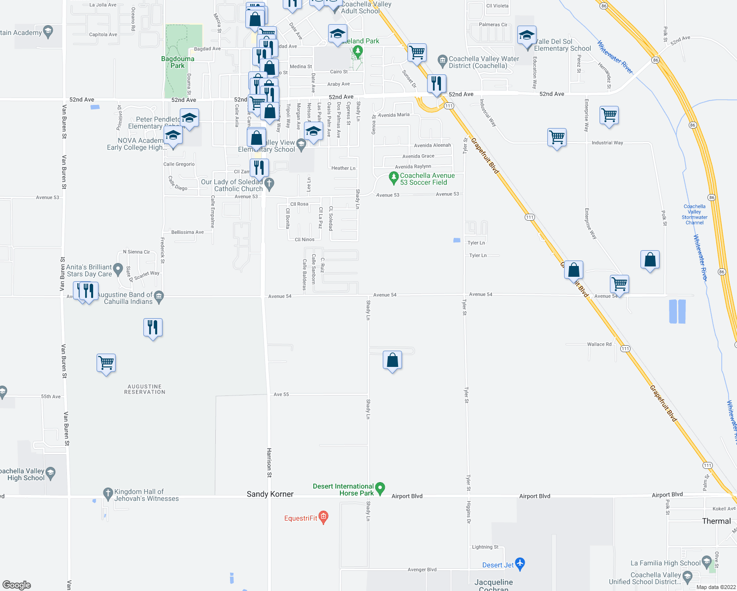 map of restaurants, bars, coffee shops, grocery stores, and more near Avenue 54 in Riverside County