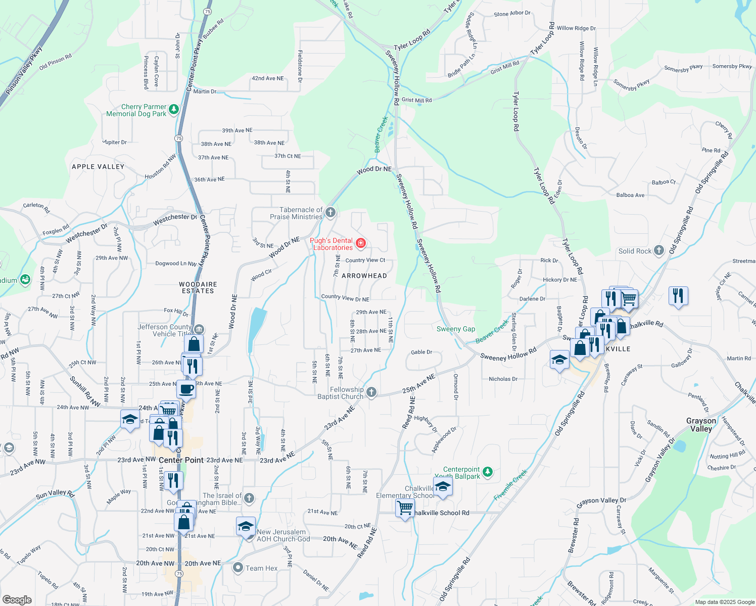 map of restaurants, bars, coffee shops, grocery stores, and more near 827 Country View Drive Northeast in Center Point