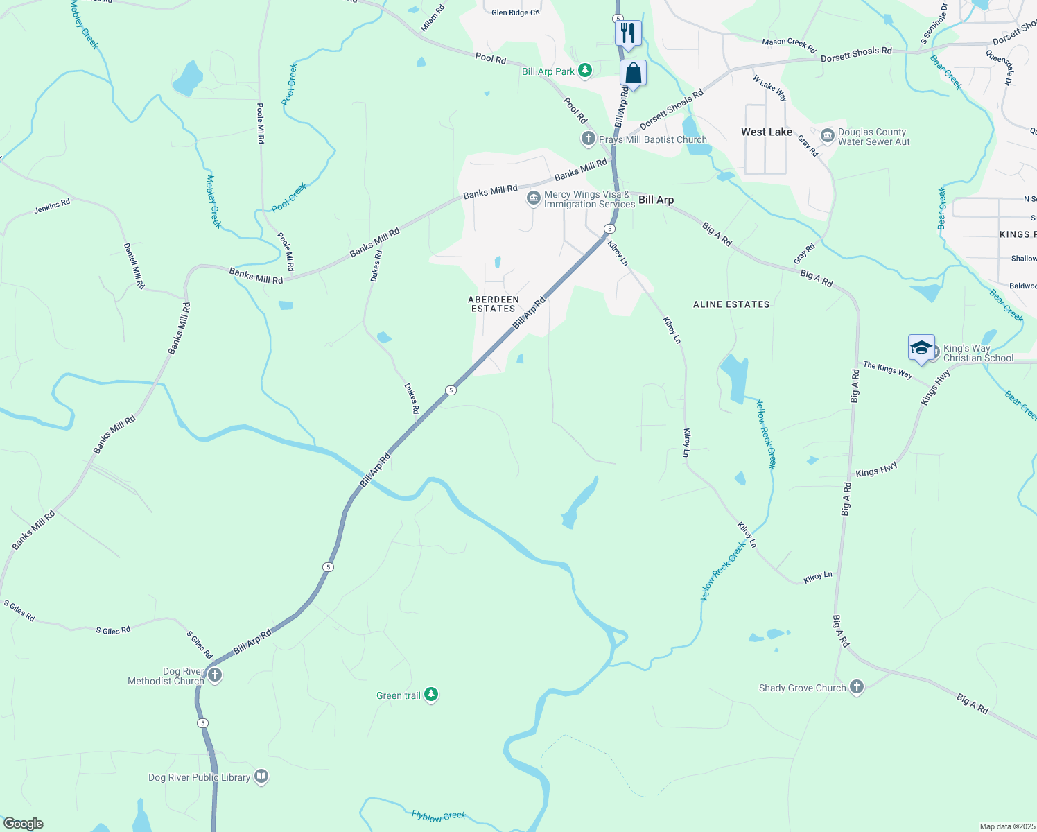 map of restaurants, bars, coffee shops, grocery stores, and more near 7212 Avalon Dr in Douglasville