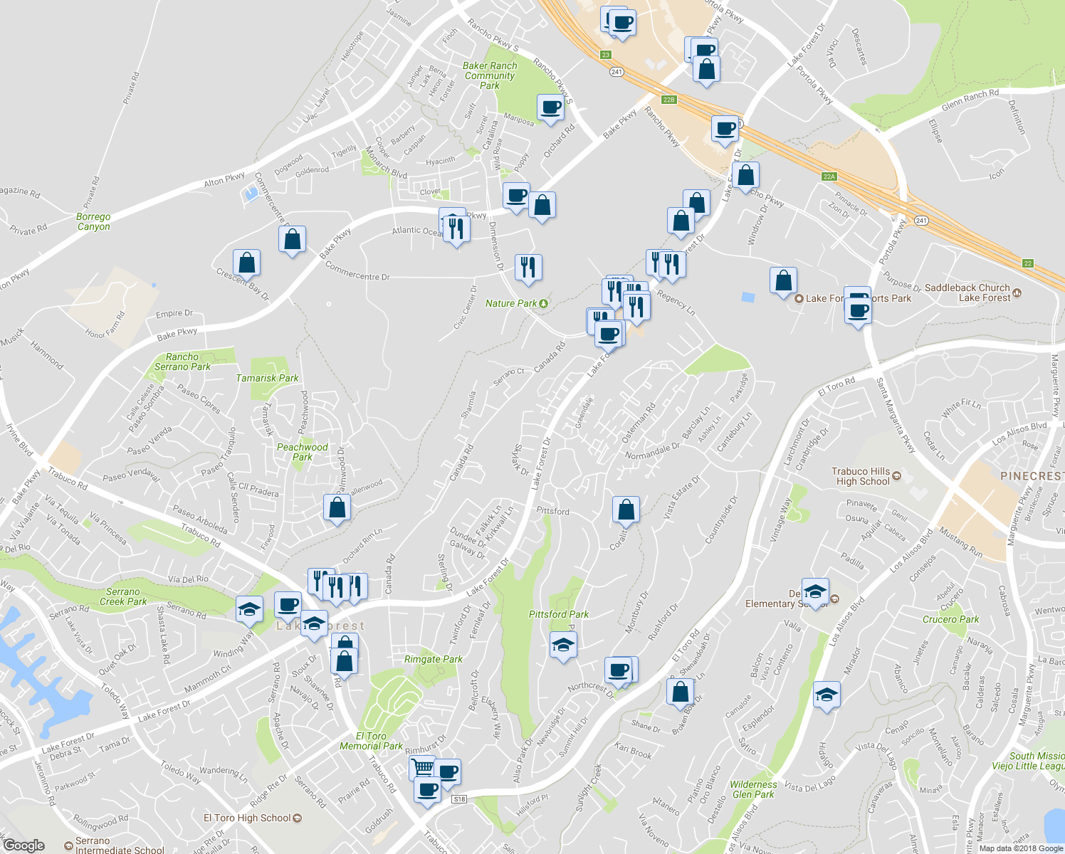 map of restaurants, bars, coffee shops, grocery stores, and more near 26182 Vintage Woods Road in Lake Forest