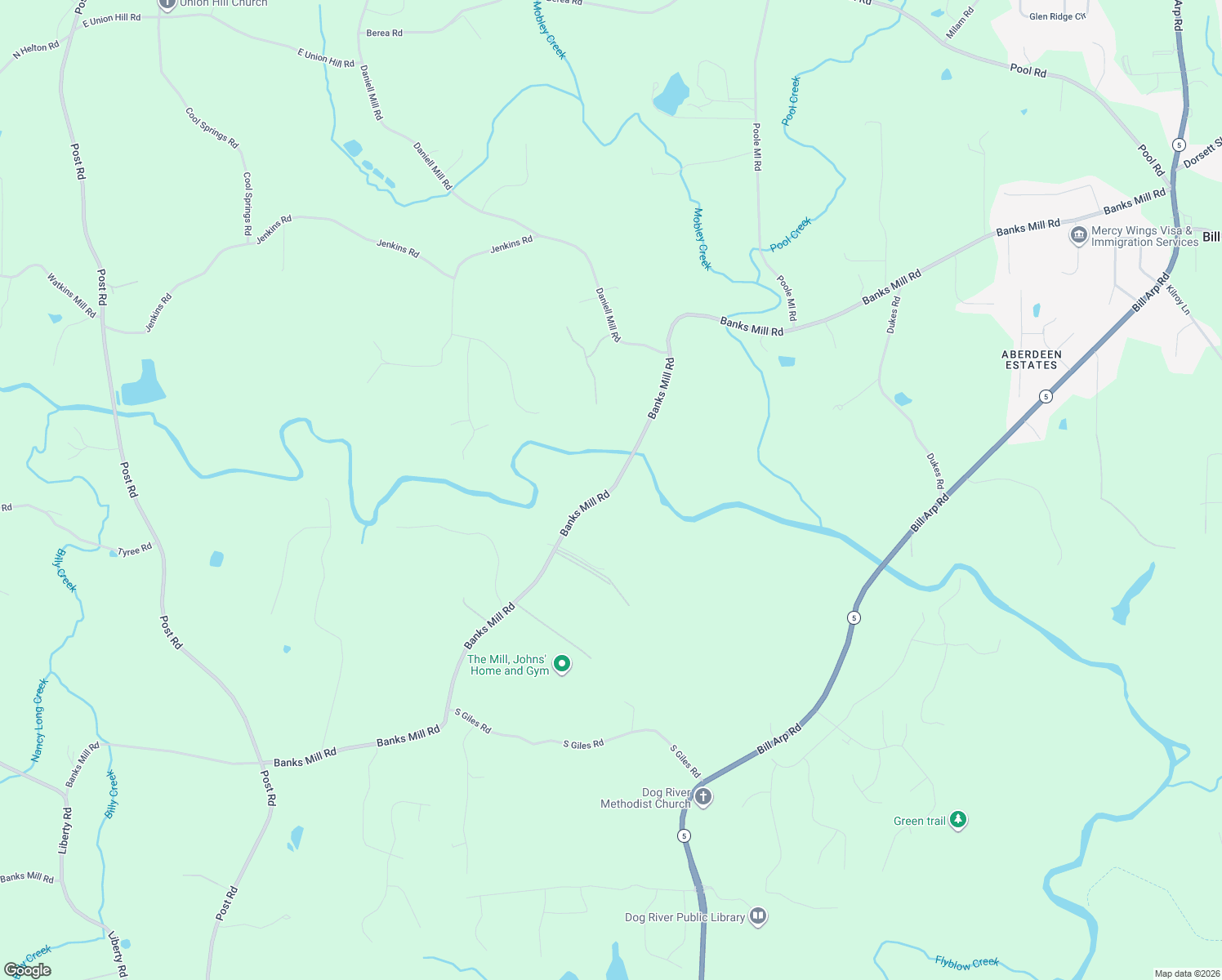 map of restaurants, bars, coffee shops, grocery stores, and more near Banks Mill Road in Douglasville