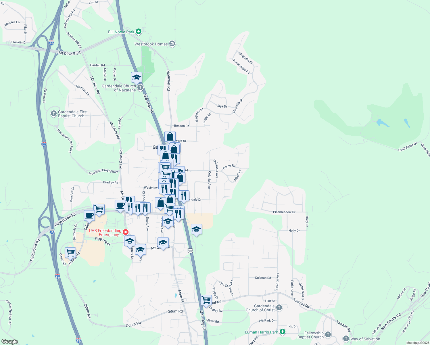 map of restaurants, bars, coffee shops, grocery stores, and more near 1216 Columbia Avenue in Gardendale