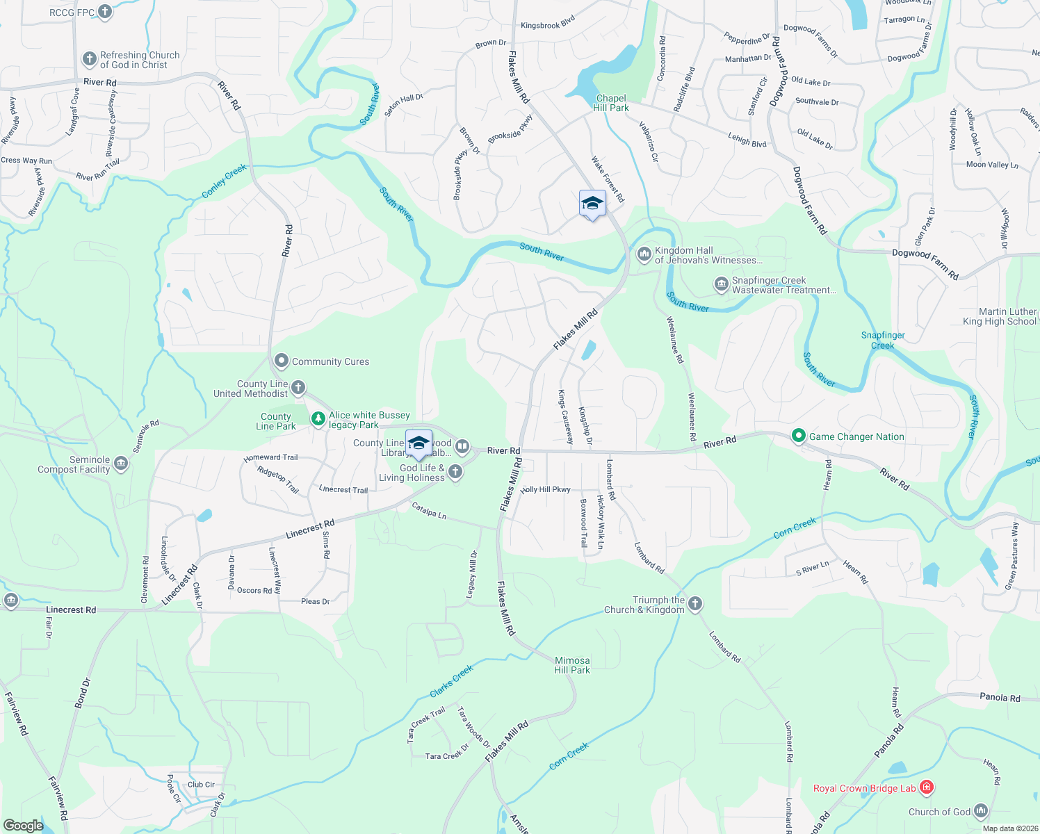 map of restaurants, bars, coffee shops, grocery stores, and more near 4447 Flakes Mill Rd in Ellenwood