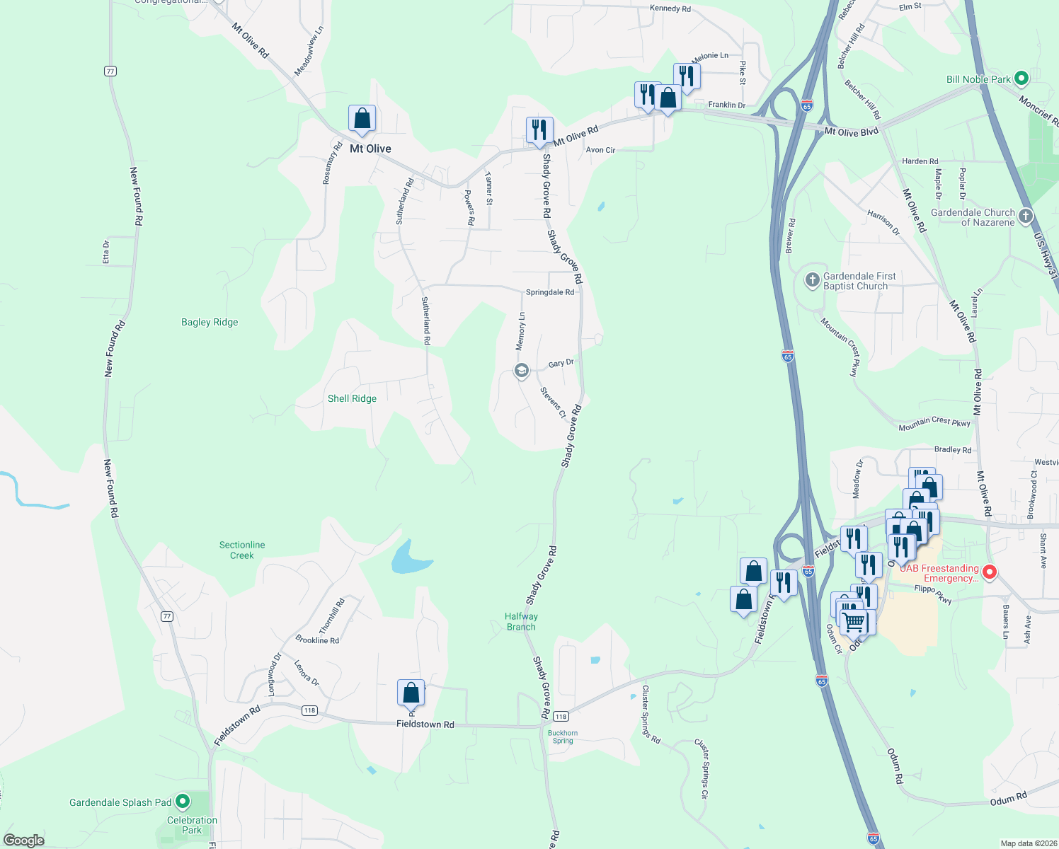map of restaurants, bars, coffee shops, grocery stores, and more near 5109 Biddle Circle in Mount Olive