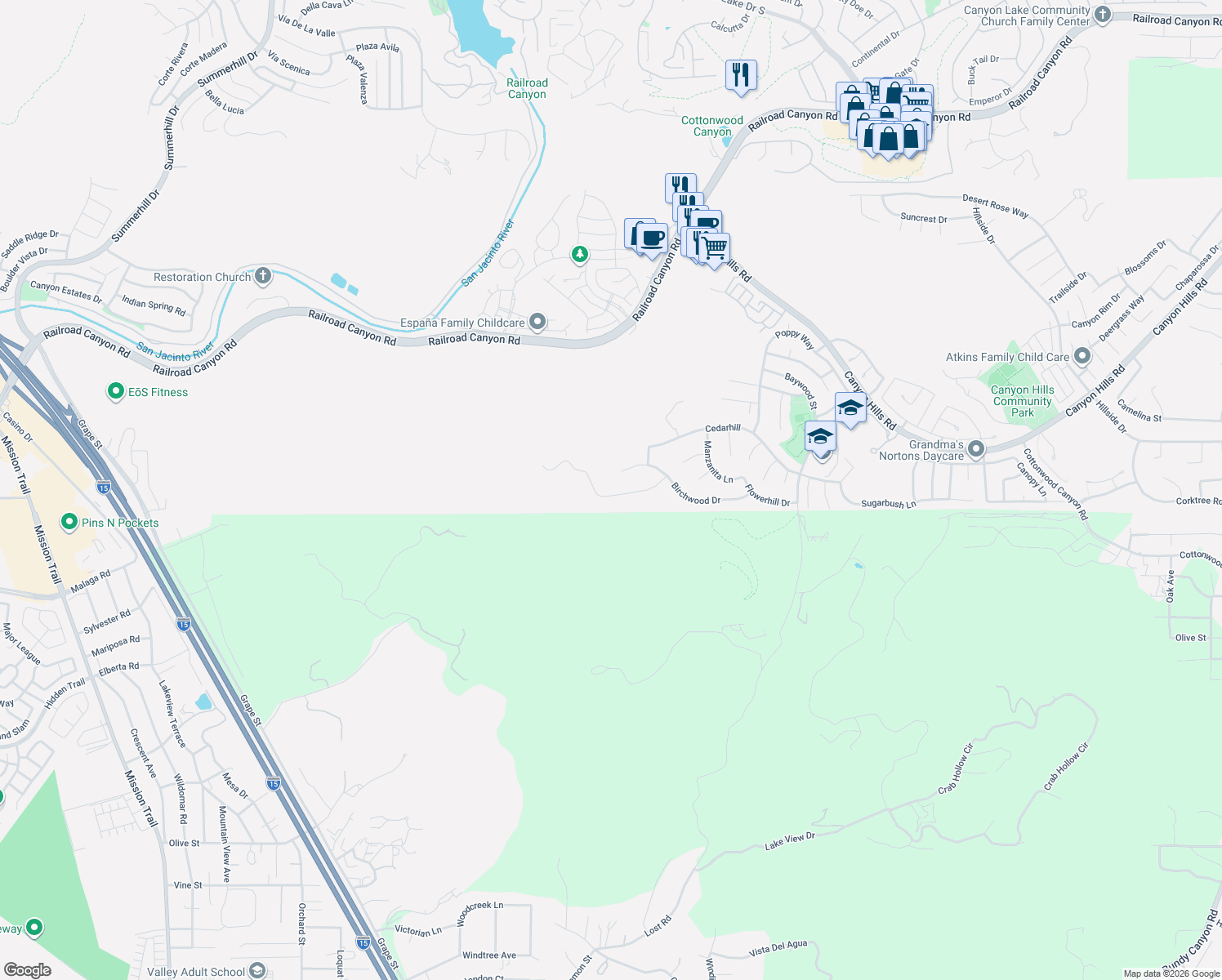 map of restaurants, bars, coffee shops, grocery stores, and more near 31860 Willow Wood Court in Lake Elsinore