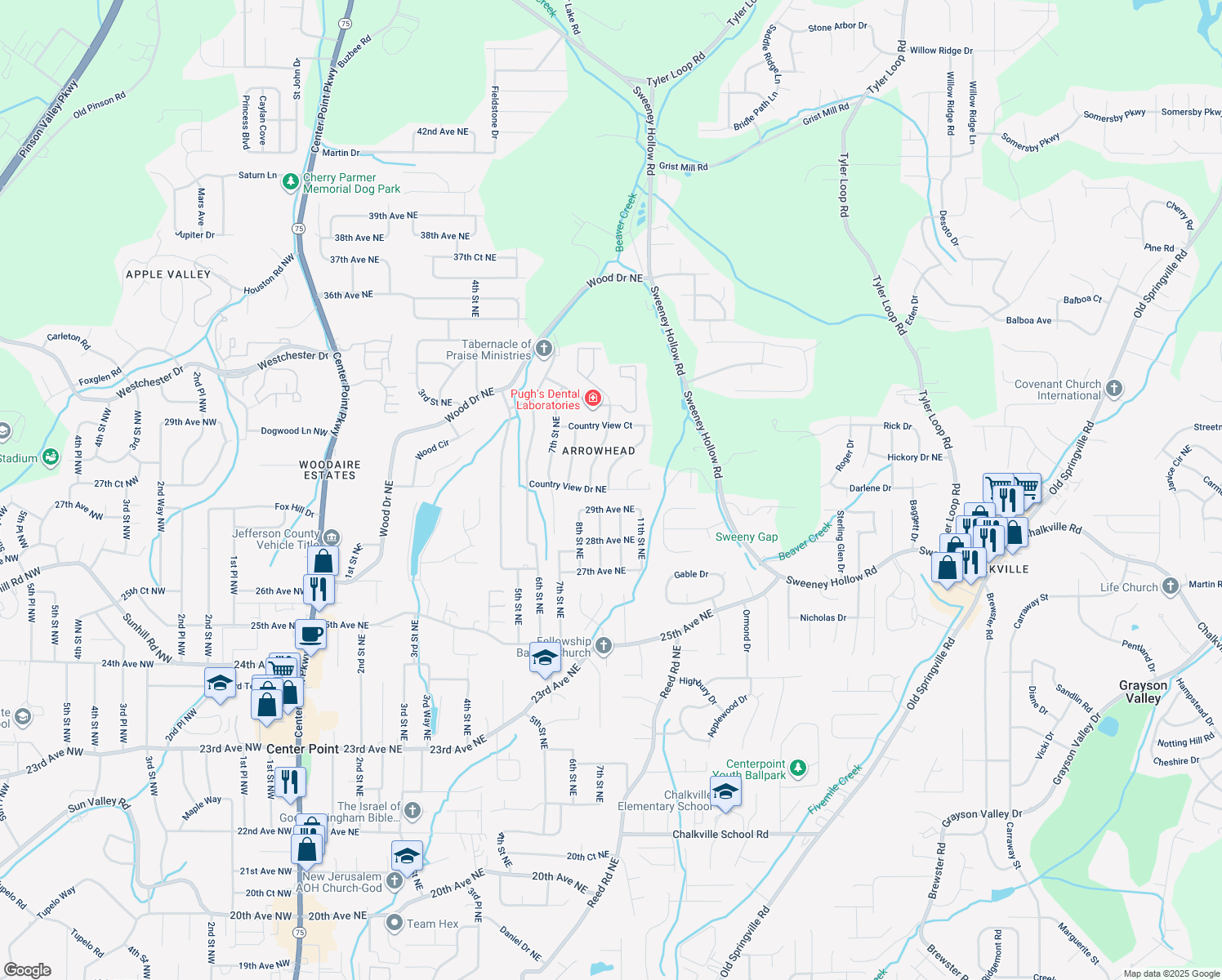map of restaurants, bars, coffee shops, grocery stores, and more near 819 Country View Drive Northeast in Birmingham
