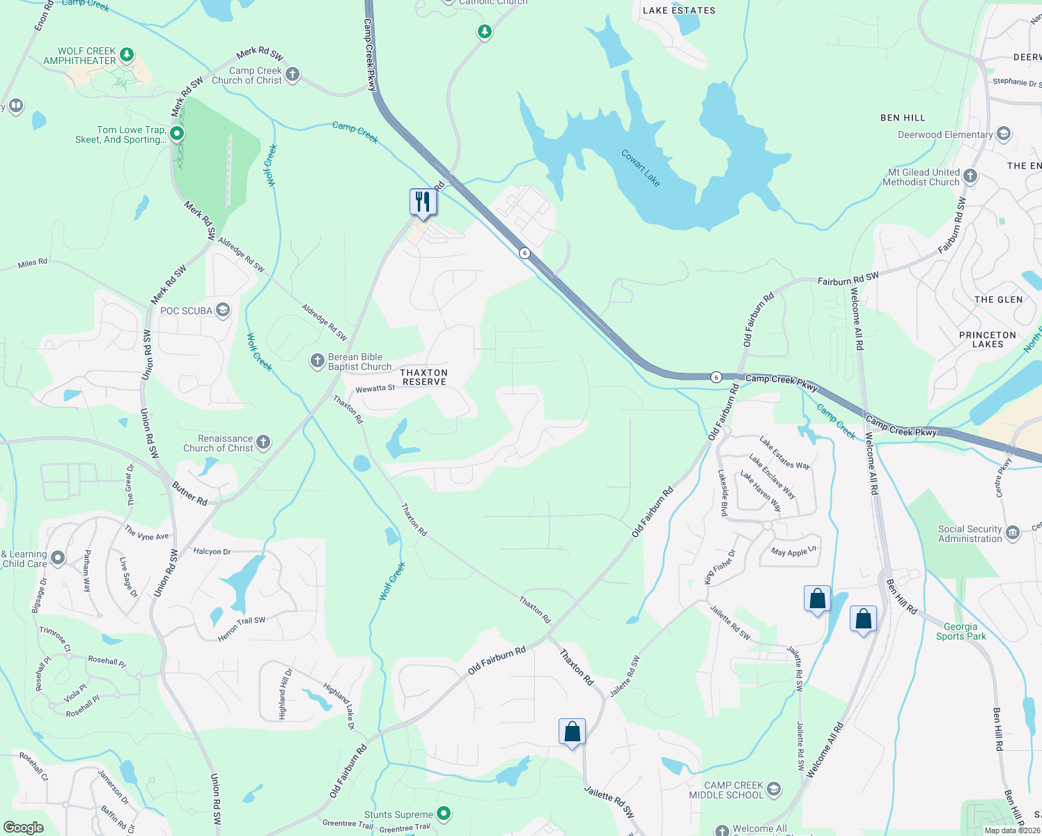 map of restaurants, bars, coffee shops, grocery stores, and more near 4724 Albany Way in Atlanta