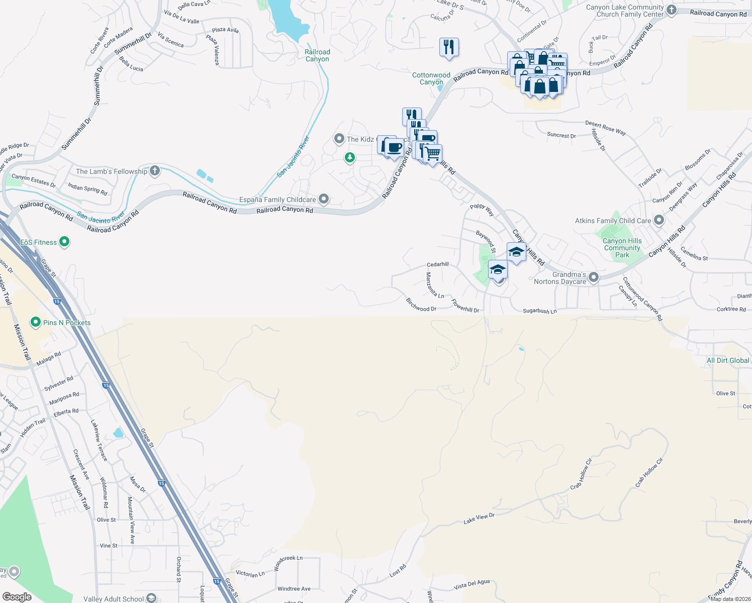 map of restaurants, bars, coffee shops, grocery stores, and more near 31866 Willow Wood Court in Lake Elsinore