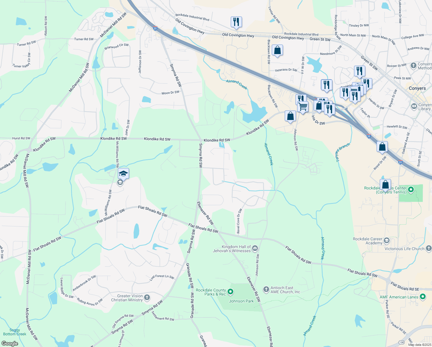 map of restaurants, bars, coffee shops, grocery stores, and more near 1837 Wiggins Circle Southwest in Conyers