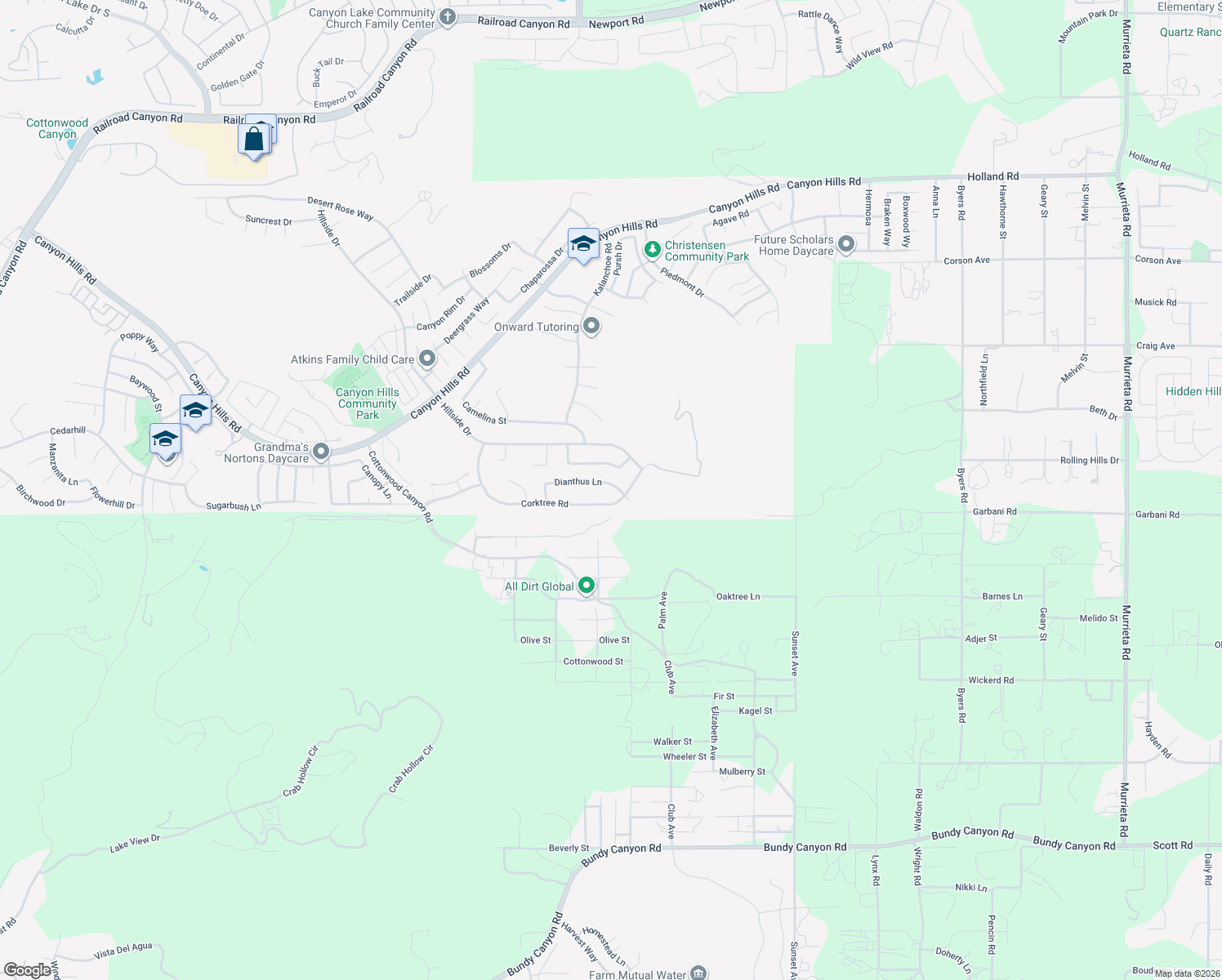 map of restaurants, bars, coffee shops, grocery stores, and more near 34133 Dianthus Lane in Lake Elsinore