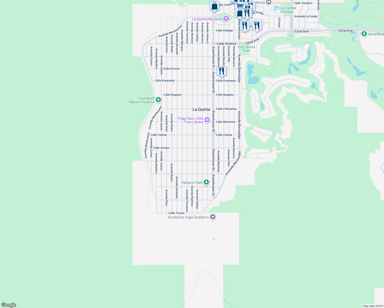 map of restaurants, bars, coffee shops, grocery stores, and more near 53825 Avenue Ramirez in La Quinta
