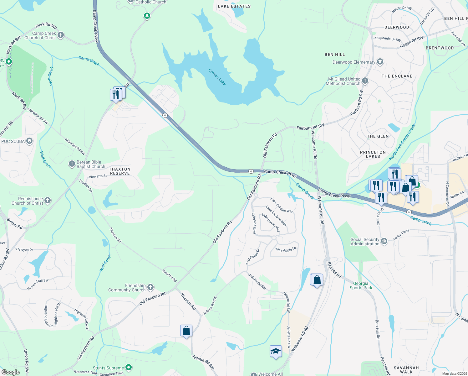 map of restaurants, bars, coffee shops, grocery stores, and more near 4378 Minkslide Drive in Atlanta