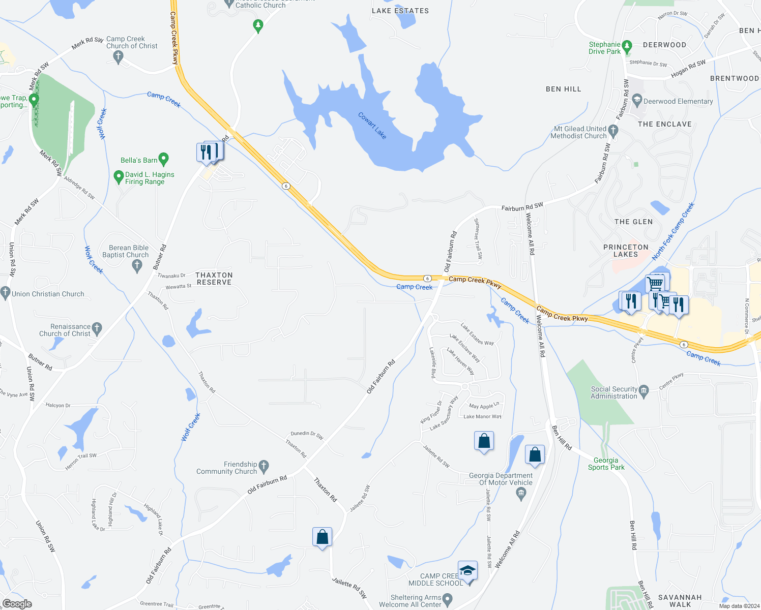 map of restaurants, bars, coffee shops, grocery stores, and more near 4394 Minkslide Drive in Atlanta