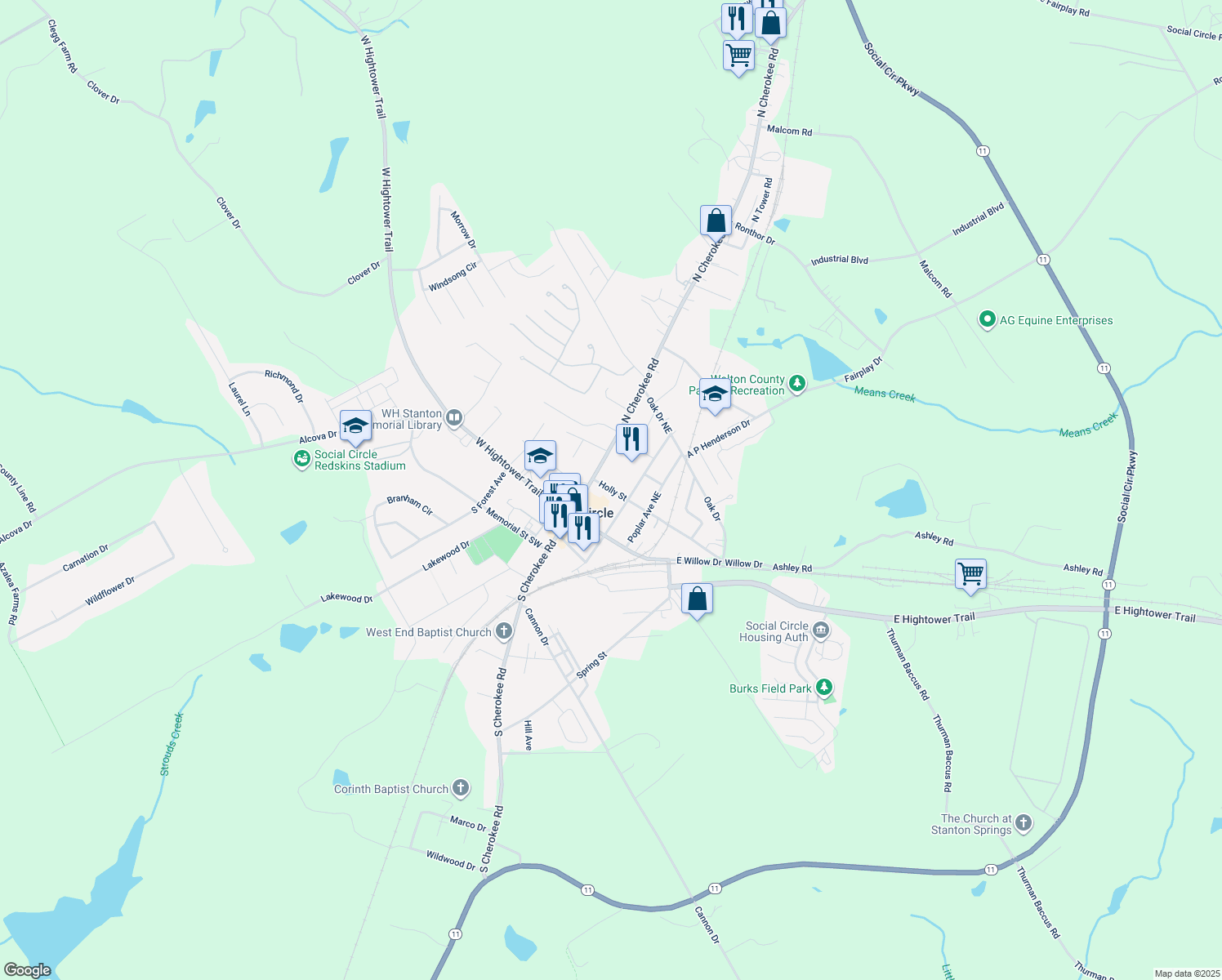 map of restaurants, bars, coffee shops, grocery stores, and more near 151 Holly Street in Social Circle