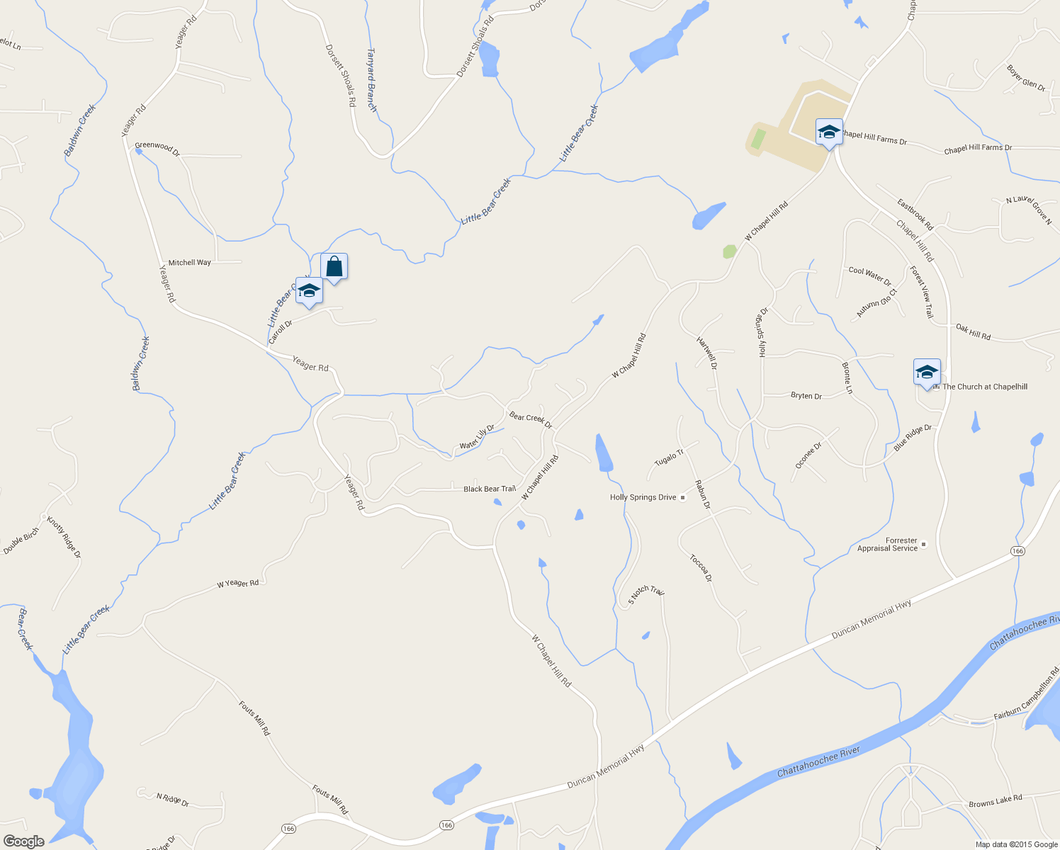 map of restaurants, bars, coffee shops, grocery stores, and more near 5581 Bear Creek Dr in Douglasville