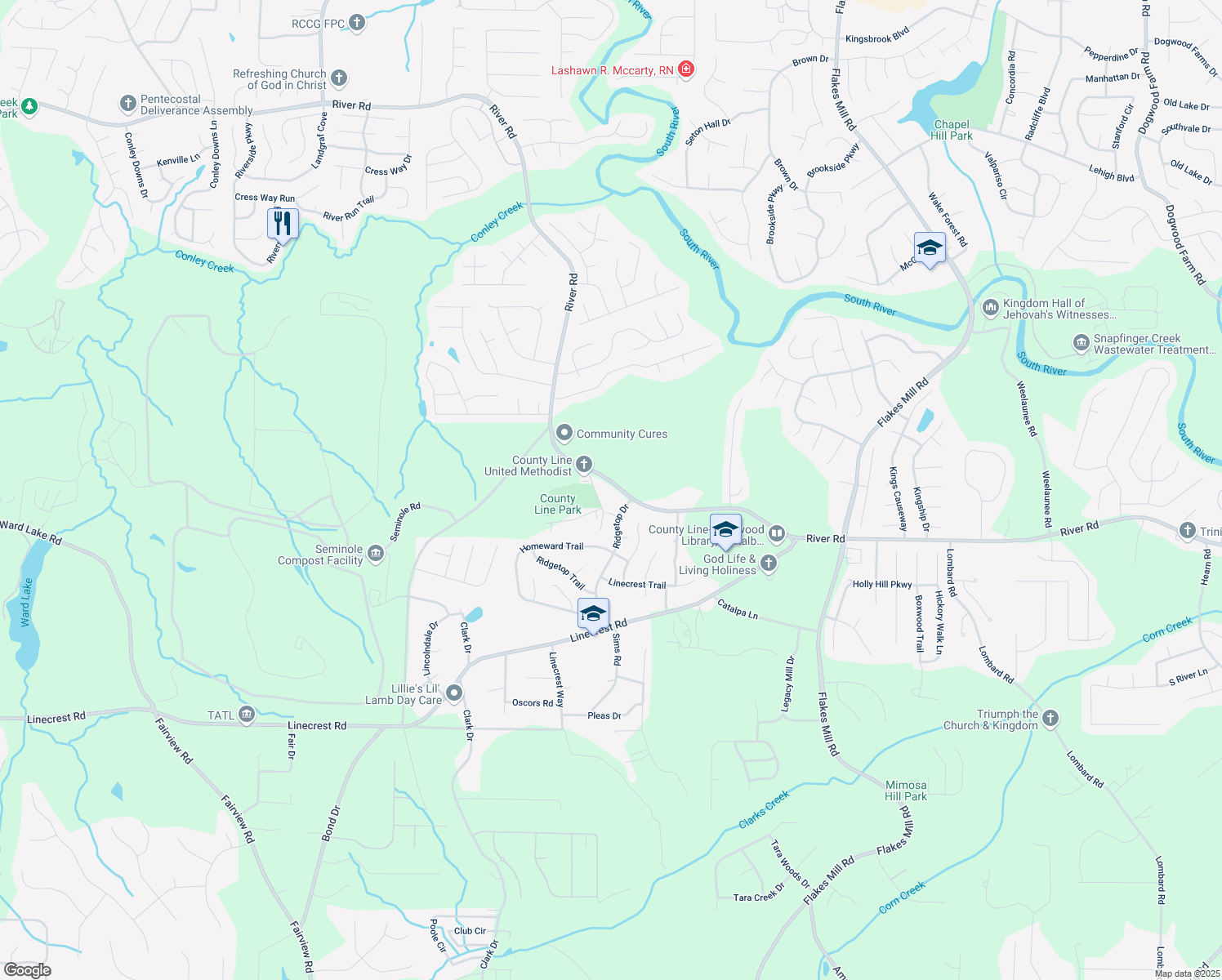 map of restaurants, bars, coffee shops, grocery stores, and more near 4071 River Road in Ellenwood