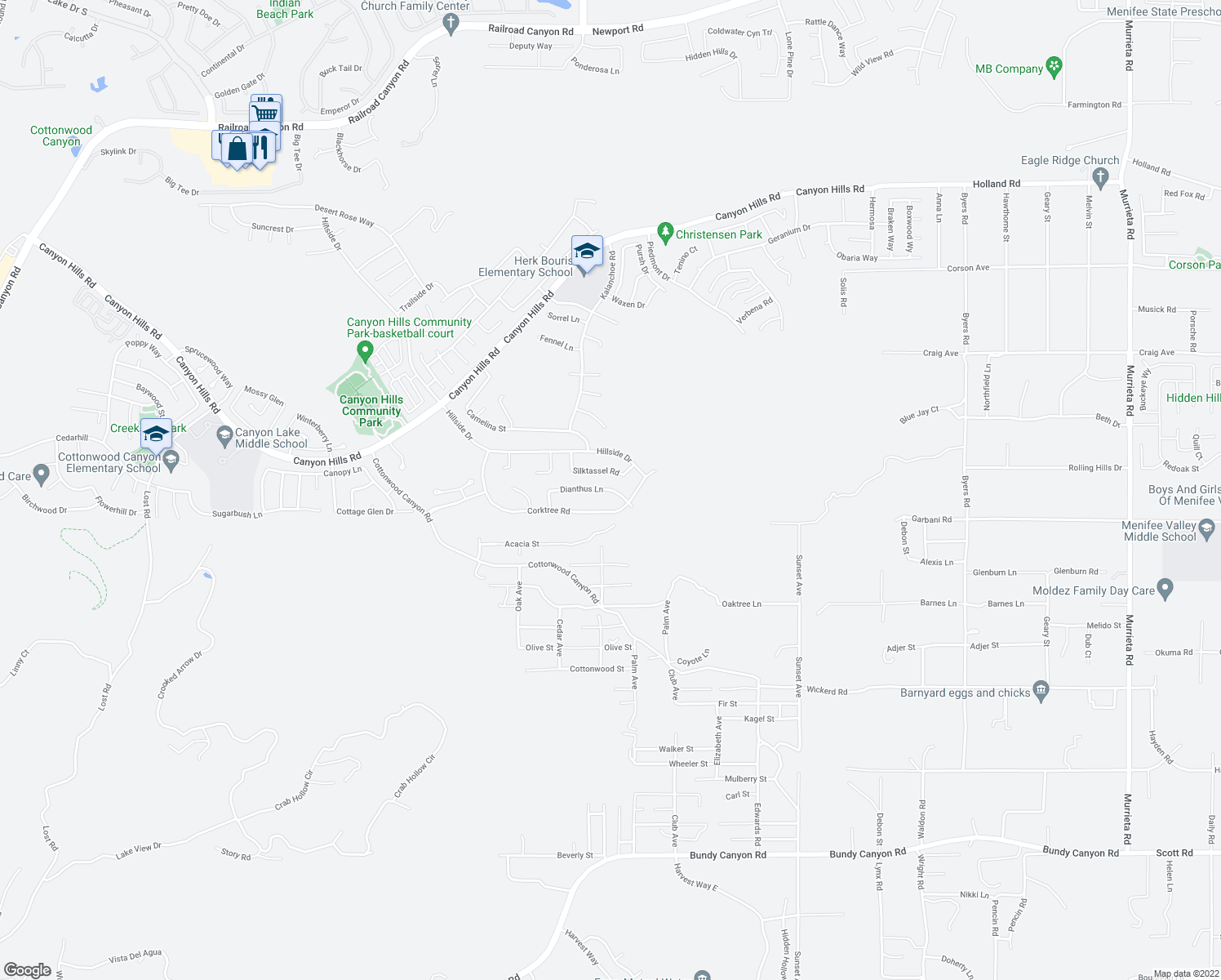 map of restaurants, bars, coffee shops, grocery stores, and more near 34132 Dianthus Lane in Menifee