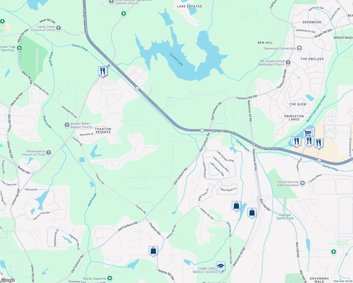 map of restaurants, bars, coffee shops, grocery stores, and more near 4382 Minkslide Drive in Atlanta