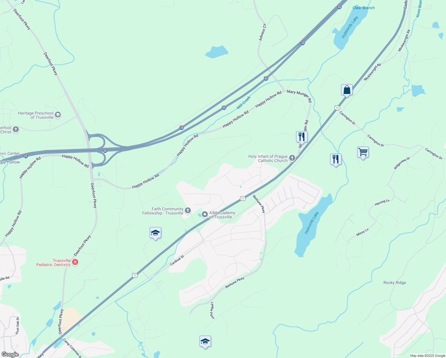 map of restaurants, bars, coffee shops, grocery stores, and more near 5101 Cypress Way in Trussville