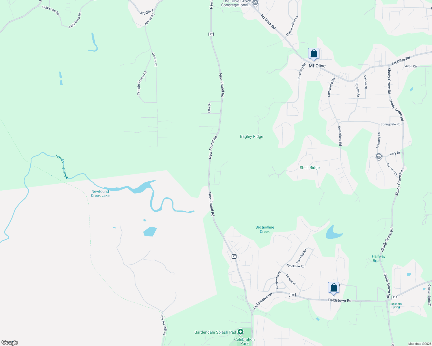 map of restaurants, bars, coffee shops, grocery stores, and more near 5151 New Found Road in Mount Olive