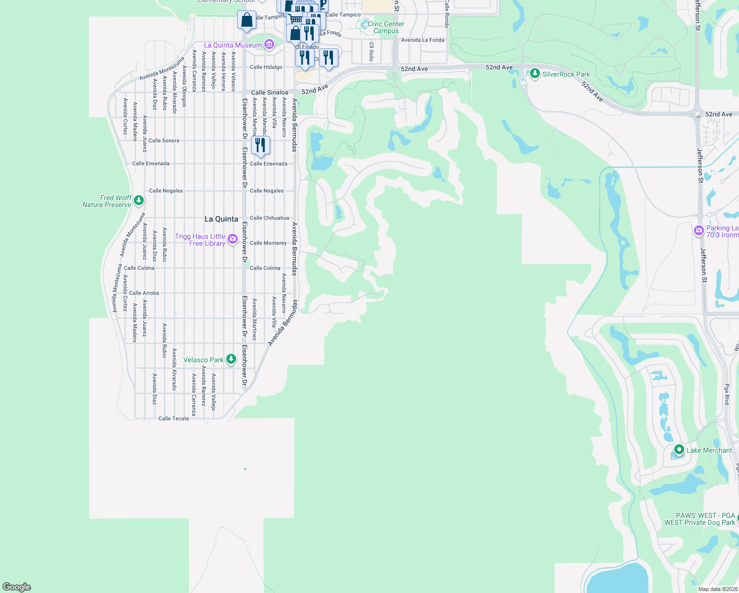 map of restaurants, bars, coffee shops, grocery stores, and more near 53985 Del Gato Drive in La Quinta