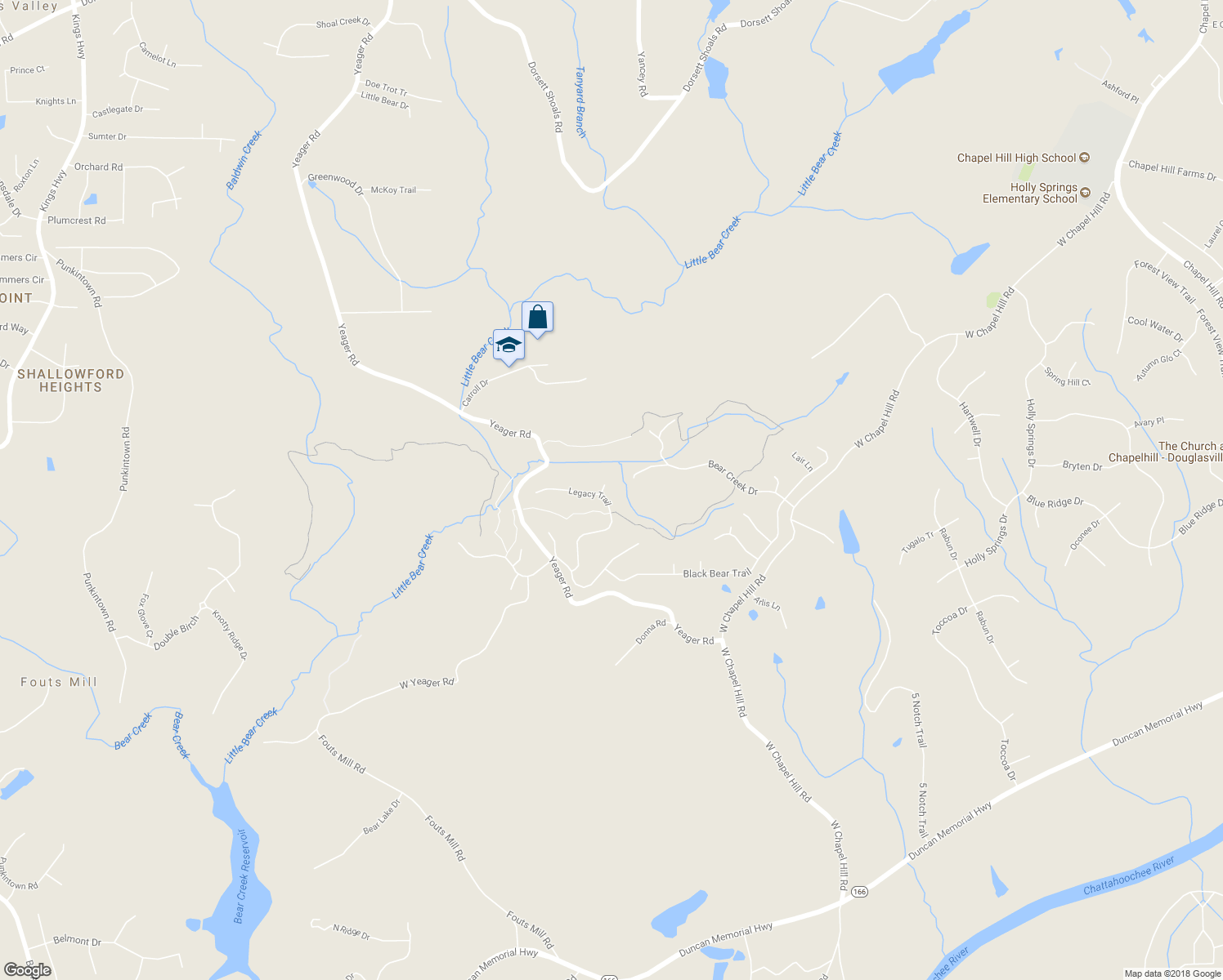 map of restaurants, bars, coffee shops, grocery stores, and more near 5270 Hickory Ridge Drive in Douglasville