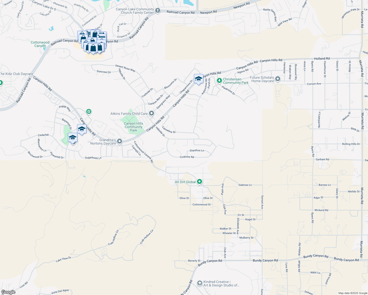 map of restaurants, bars, coffee shops, grocery stores, and more near 34212 Sundew Court in Lake Elsinore