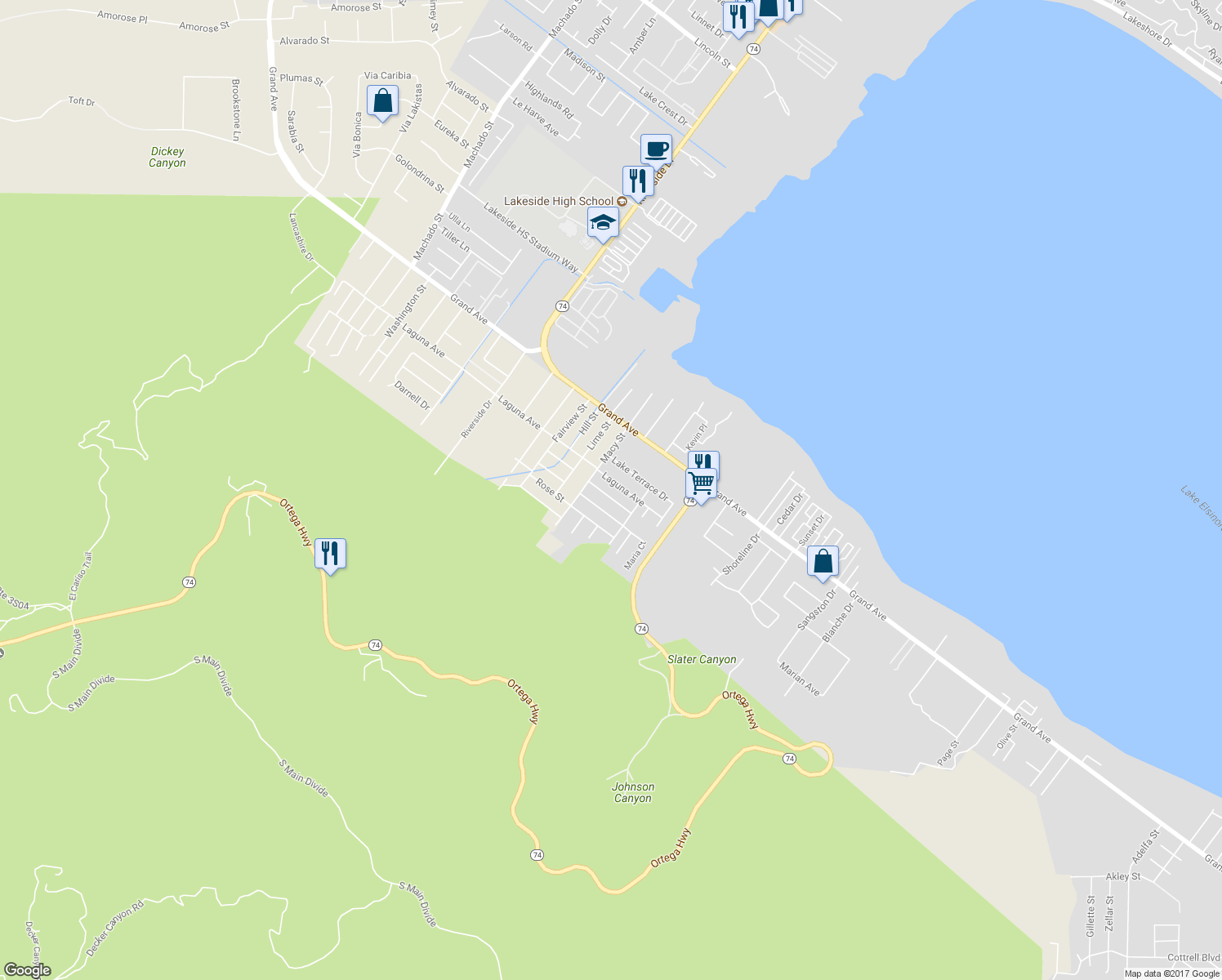 map of restaurants, bars, coffee shops, grocery stores, and more near 15640 Shadow Mountain Lane in Lake Elsinore