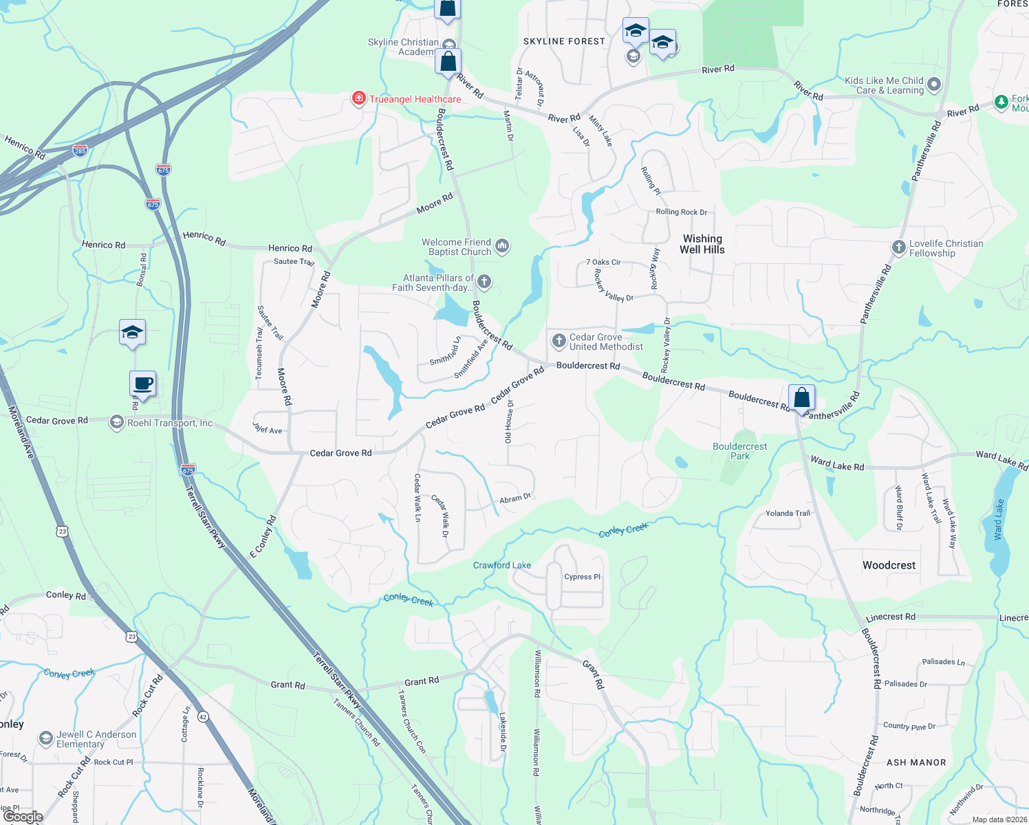 map of restaurants, bars, coffee shops, grocery stores, and more near 2111 Silva Dr in Conley