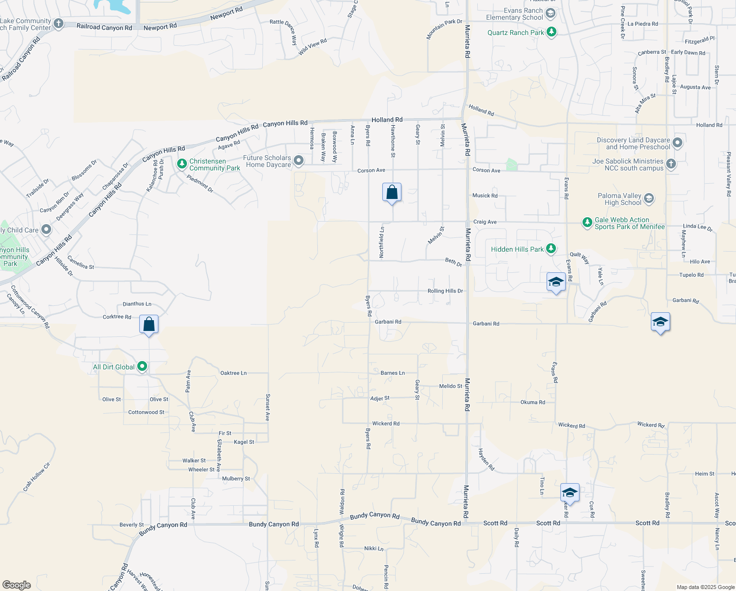 map of restaurants, bars, coffee shops, grocery stores, and more near Byers Road in Menifee