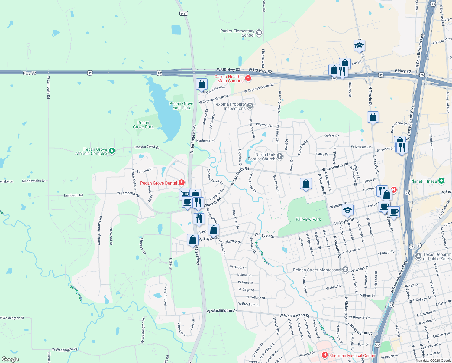 map of restaurants, bars, coffee shops, grocery stores, and more near 2317 Canyon Creek Drive in Sherman
