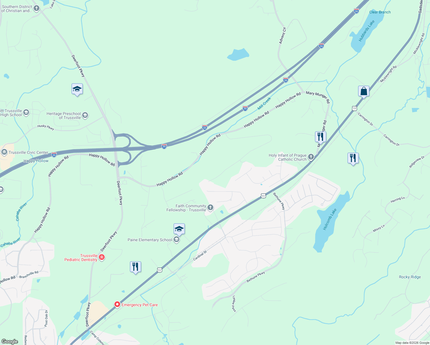 map of restaurants, bars, coffee shops, grocery stores, and more near 7669 Cottonridge Road in Trussville